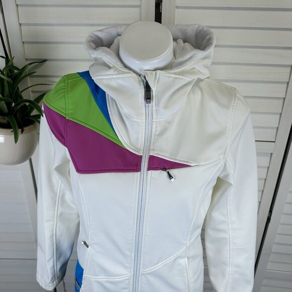 Spyder M White Colorblock Soft Shell Ski Snowboard Jacket Faux Fur Lined Hood - Picture 2 of 12